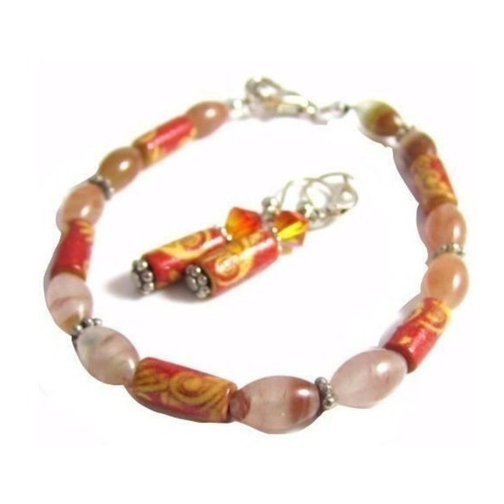 Artisan Orange Brown Gemstone & Flower Art Glass Beads Bracelet & Earring Set